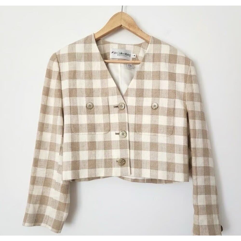 Vintage JH Collectibles 100% Linen Gingham Cropped Women Blazer Size 12
